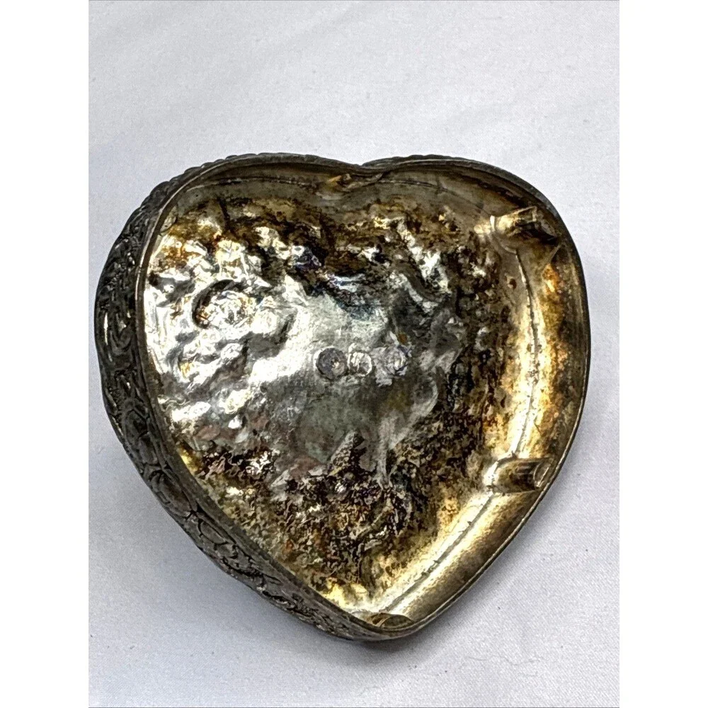 Heart Shaped Ornate Ring Holder Dish Silver Plated Vintage Patina Victorian Rose